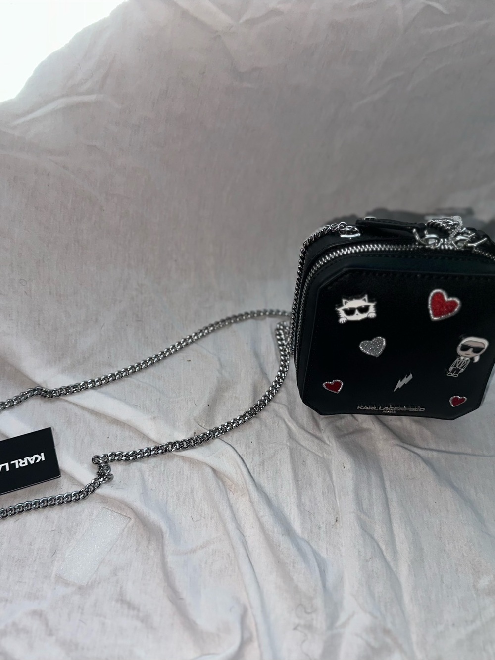 Karl Lagerfeld Black Mini Crossbody with Silver Chain & Heart Patches